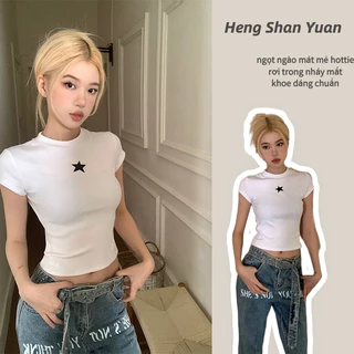 Áo Thun Cotton Tay Ngắn In Hình Ngôi Sao Màu Trắng Phong Cách retro Thời Trang Cho Nữ