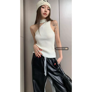 kumikumi HUANG YOYO Áo Croptop Tank Top Một Dây Cổ Cao Phong Cách Retro Và Sang Trọng Cho Nữ