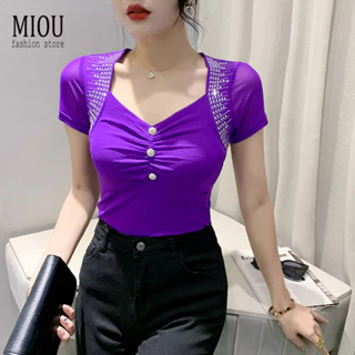 Miou Mùa Hè 2023 Mới Lưới Ngắn Tay Hot Diamond Top Slim Fit, Pure Desire, Áo Thun Nữ 3XL Độc Đáo Và Thời Trang