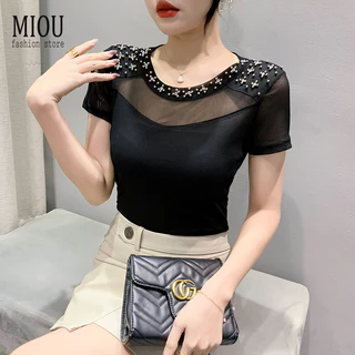 Miou 2023 Mới Chất Lượng Cao Áo Thun Làm Việc Nặng Hạt Móng Tay Mùa Hè Mỏng Phù Hợp Với Lưới Ngắn Tay Nữ Top