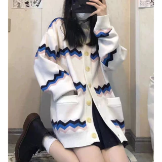 Áo cardigan dệt kim mỏng kẻ sọc nhiều màu sắc dáng rộng kiểu Nhật Bản vintage phong cách mùa thu cho nữ