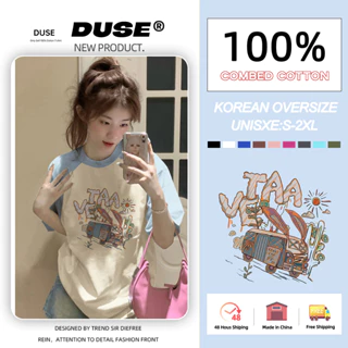 「DUSE」Light blue short-tay "bus" in t-shirt với chèn vai cho phụ nữ, phong cách và trẻ trung, ngọt ngào và cay hàng đầu cho mùa hè dopamine mặc quần áo.