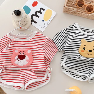 Baby striped suit dressy cartoon short-sleeved t-shirt shorts two-piece thin