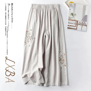 Quần âu cotton và vải lanh mùa hè quần của phụ nữ mỏng phong cách dân tộc cổ điển thêu quần ống rộng-chân đa năng và quần cắt mỏng cho phụ nữ (với kích thước lớn)