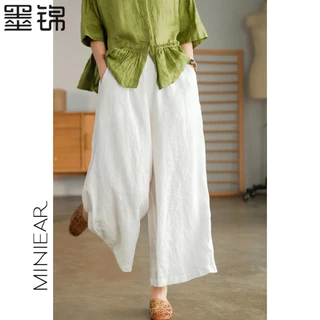 2023 summer cotton and linen cropped wide-leg pants casual straight-leg pants literary and artistic plus-size quần âu rộng rãi, thoáng khí và skinny (có kích thước lớn)