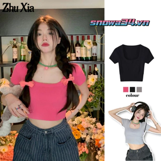 Áo thun croptop ZHUXIA dệt kim màu trơn vai chồm tay ngắn cổ vuông thời trang mùa hè cho nữ