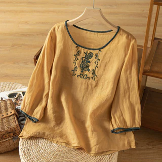 Summer cotton and linen seven-point sleeve t-shirt của phụ nữ phong cách dân tộc giản dị đa năng thêu văn học retro top quần áo tang của phụ nữ (với kích thước lớn)