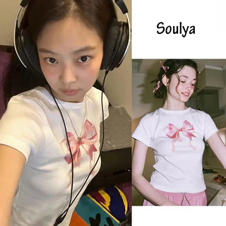 Blackpink jennie ins slim fit tay ngắn crop top thời trang nơ in cổ tròn t-shirt ngắn