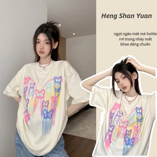 Áo thun HENG SHAN YUAN cotton 100% tay ngắn in hình bướm kiểu Mỹ thời trang mùa hè phong cách Hàn Quốc cho nữ