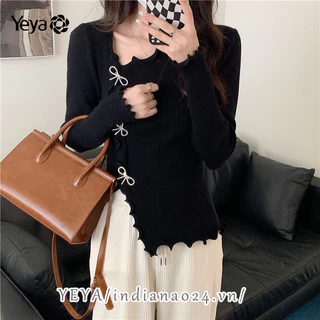 Áo len sweater YEYA đơn giản dài tay viền không đều mặc trong sơ mi