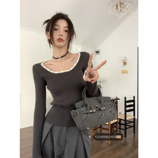 kumikumi HUANG YOYO Áo Croptop len dệt kim mỏng vừa vặn cho nữ kumikumki với đường viền cổ tròn cổ điển cho mùa thu và mùa đông