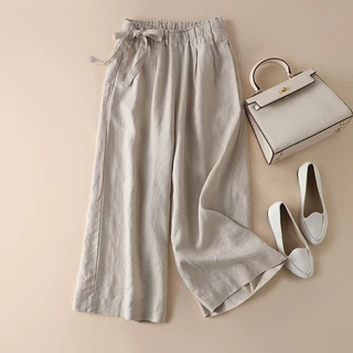 Spring / summer 2023 new loose plus-size solid color casual pants women look thin and drape elasticated waist strappy cotton linen wide-leg pants (với size lớn)