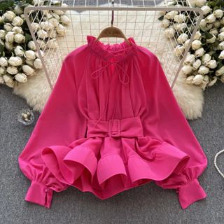 Phong cách hàn quốc phụ nữ phụ nữ eo thon ruffle dài tay áo sơ mi áo baju baju wanita lengan panjang cổ phiếu mới sẵn sàng