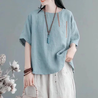 Văn học cổ điển tay ngắn của phụ nữ thêu cotton linen crewneck 2023 mùa hè mới rộng rãi kích thước lớn thường t-shirt áo thun nữ hàng đầu (với kích thước lớn)