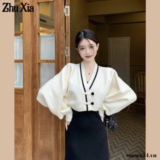 Zhu Xia Áo len nữ kiểu trung quốc mới áo len v-cổ nút đan áo khoác len cardigan