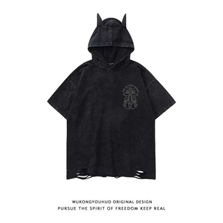 Black little devil men's short-sleeved hoodie sweater ins tide brand fashion summer five-point sleeve men's t-shirt 2023 new raglan sleeve men's hooded sweater
