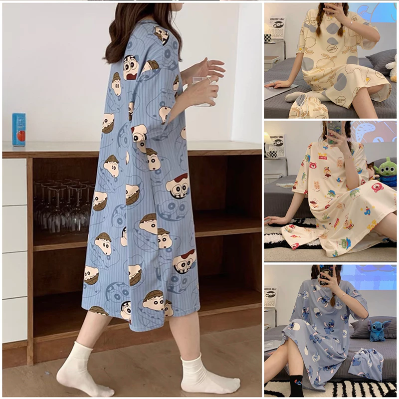 Đầm ngủ Lff0808 tay lỡ form rộng in hoạt hình dễ thương phong cách Hàn Quốc thời trang xuân thu cho nữ
