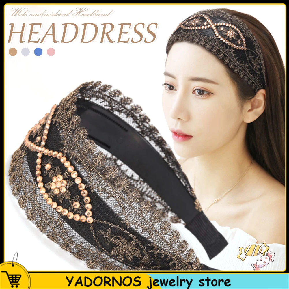 YADORNOS Headband Wide Edge thêu rhinestone tóc vòng chống trượt tóc trang trí