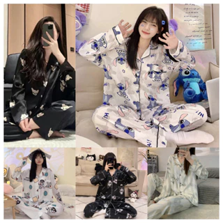 Bộ Đồ Ngủ Tay Dài Vải Lụa satin In Hoạt Hình kuromi winnie baju tidur wanita Dễ Thương Cho Nữ