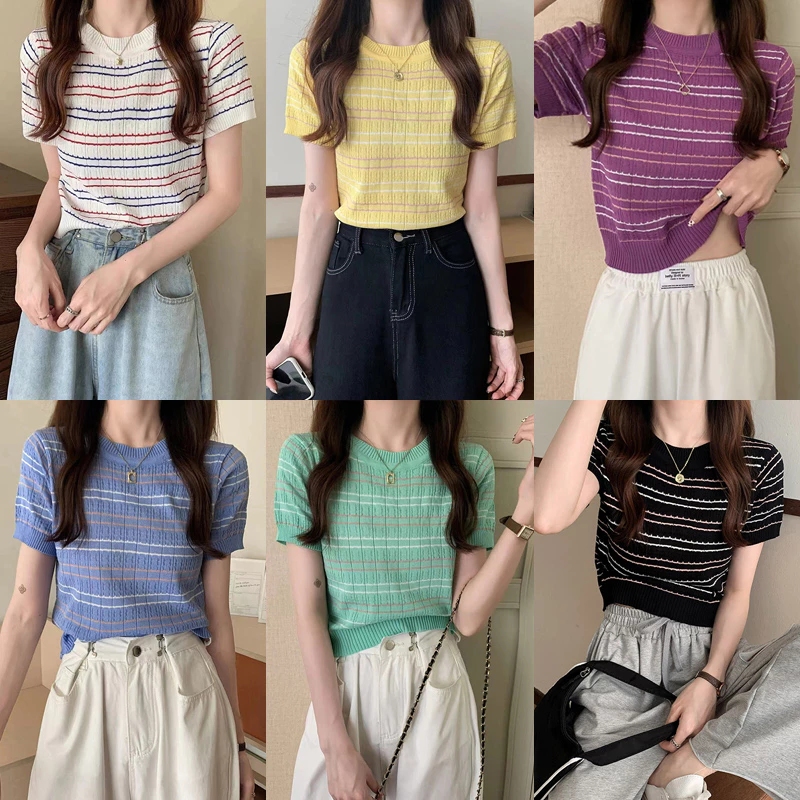 Swe mùa hè sọc ngắn tay Áo dệt kim T-Shirt phụ nữ giản dị vòng cổ mỏng Crop Top drn