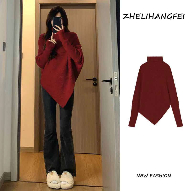 Áo sweater ZHELIHANGFEI dệt kim tay dài dáng rộng cổ cao mềm mại thời trang cho nữ