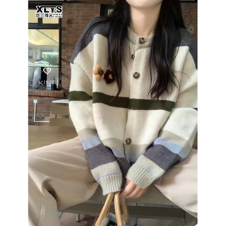 XIN LAN YA SHE Áo Khoác cardigan Dệt Kim Họa Tiết Kẻ Sọc Màu Tương Phản Phong Cách Hàn Quốc Cổ Điển Thời Trang Mới 2023 Dành Cho Bạn Nữ