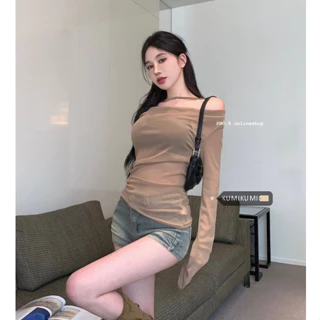 kumikumi HUANG YOYO Áo Croptop Thun Khoét Vai Phối Lưới Thời Trang Mùa Thu 2023 Cho Nữ