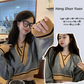 Áo sweater Dệt Kim Cổ Chữ V Ngắn Hai Lớp Ghép Màu Tương Phản Cho Nữ Sinh