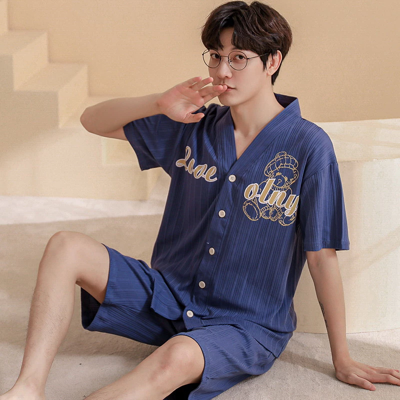 Bộ Đồ Ngủ cotton Tay Ngắn In Họa Tiết Hoạt Hình Phong Cách kimono Cho Nam