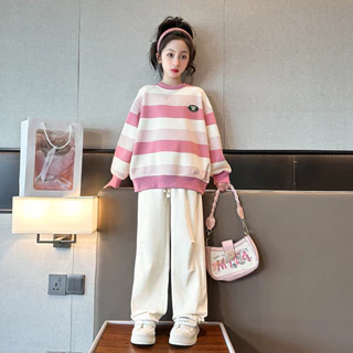 Bộ Áo Sweater Cổ Tròn Kèm Quần Dài Ống Rộng Họa Tiết Kẻ Sọc Thời Trang Mùa Thu Cho Bé Gái 3-14 Tuổi