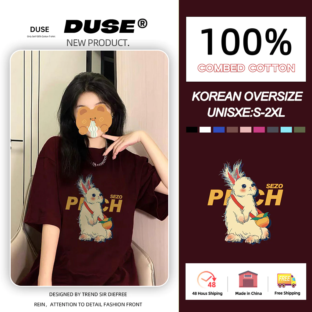 「DUSE」Áo Thun 100% cotton Tay Ngắn Dáng Rộng In Chữ "Thỏ Màu Sắc Kẹo Ngọt Phong Cách Hàn Quốc Cho Nam Và Nữ