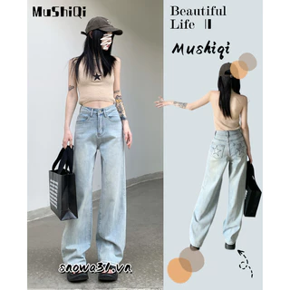 Mushiqi Quần denim Ống Rộng Lưng Cao Thêu Hình Ngôi Sao Màu Sáng Thời Trang Cho Nữ