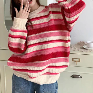 Áo sweater Cổ Tròn Dáng Rộng Họa Tiết Kẻ Sọc Thời Trang Xuân Thu 2023 Mới Cho Nữ