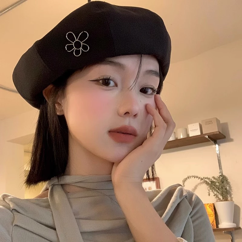 Đen Mũ beret Dệt Kim Mỏng Họa Tiết Hoa Phong Cách Hàn Quốc Cho Nữ