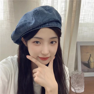 Xiaogang Nón beret denim Thời Trang Mùa Thu Phong Cách Họa Sĩ Hàn Quốc Cổ Điển Cá Tính Dành Cho Nam Nữ