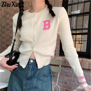 Zhu Xia Áo Khoác cardigan Dệt Kim Tay Dài Thêu Chữ Màu Sắc Tương Phản Thời Trang Cho Nữ