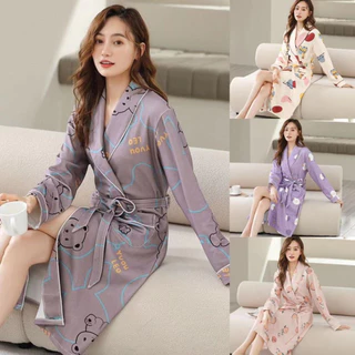 Áo Choàng Tắm / Ngủ Dáng Dài Qua Gối Vải cotton Dệt Tay Dài Thời Trang Xuân Thu Cho Bạn Gái