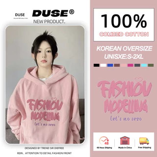「DUSE」Áo Hoodie cotton unisex Tay Dài Dáng Rộng In Chữ "Màu Hồng Phong Cách dopamine Hàn Quốc Cho Mùa Thu