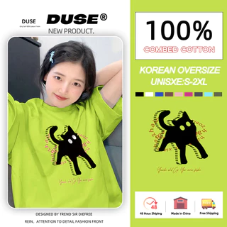 「DUSE」Áo Thun 100% cotton Tay Ngắn Cổ Tròn In Chữ "Mèo Đen" Màu Xanh Lá Dạ Quang Phong Cách Hàn Quốc Thời Trang Mùa Hè