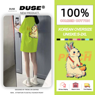 「DUSE」Áo Thun 100% cotton Tay Ngắn Cổ Tròn In Hình Thỏ Màu Sắc Xanh Lá Dạ Quang Phong Cách Hàn Quốc Dành Cho Nam Nữ