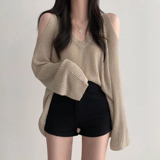 Áo sweater Dệt Kim Tay Dài Dáng Rộng Cổ Chữ v Màu Sắc Đơn Giản Dành Cho Nữ