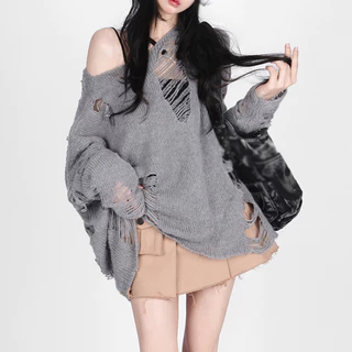 Áo sweater Dệt Kim Dáng Rộng Màu Trơn Thiết Kế Rách Thời Trang Cho Nữ