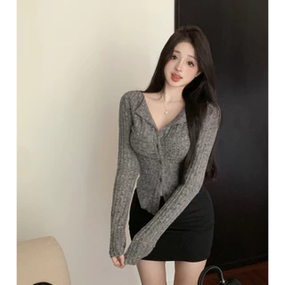 QADCOL Áo cardigan Dệt Kim Tay Dài Cổ Chữ v Dáng Ngắn Thời Trang Mùa Thu Cho Nữ