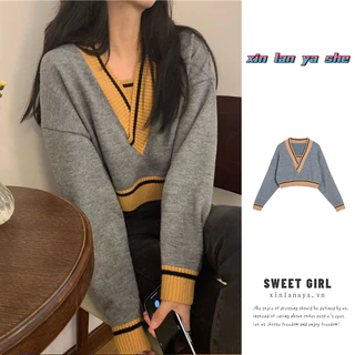 XIN LAN YA SHE Áo sweater Dệt Kim Cổ Chữ v Phong Cách Thời Trang Hàn Quốc Cho Nữ