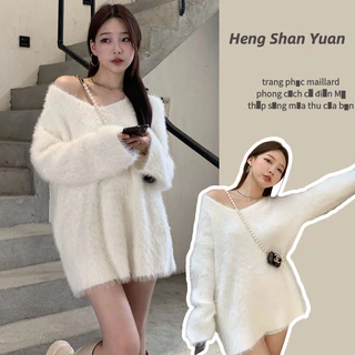 Áo khoác sweater HENG SHAN YUAN dệt kim cổ chữ V dáng rộng vải nhung lông chồn mềm mại thời trang thu đông 2022 cho nữ