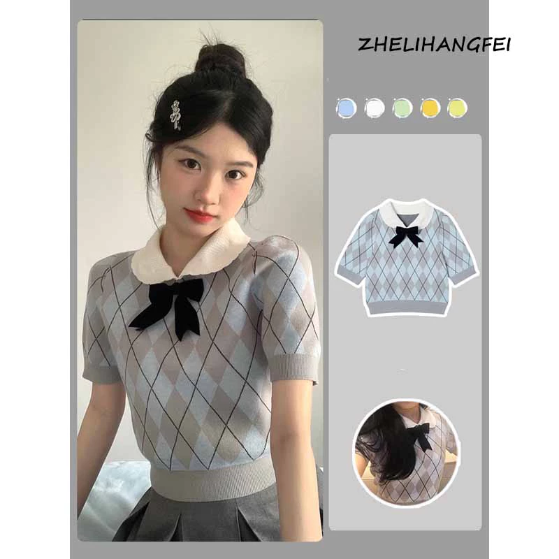 ZHELIHANGFEI Áo Thun Croptop Dệt Kim Tay Ngắn Cổ Búp Bê Kiểu Hàn Quốc Thời Trang Mùa Hè Cho Nữ