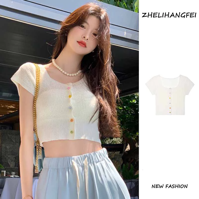 ZHELIHANGFEI Áo croptop dệt kim tay ngắn cổ vuông thời trang Hàn Quốc dành cho nữ