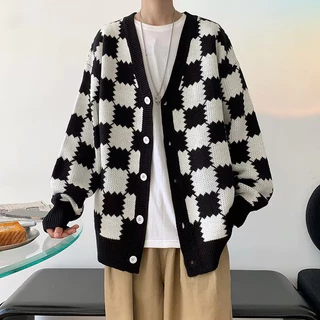 【Unisex】Áo Khoác Cardigan Dệt Kim Dáng Rộng Phong Cách Retro Nhật Bản Cho Nam Giới Áo Len Bàn Cờ Cổ Điển Xu Hướng Đường Phố Mỹ Rộng Thùng Thình Áo Dệt Kim