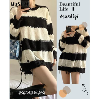 Mushiqi Áo sweater Dài Tay Họa Tiết Sọc Ngang Thời Trang Dành Cho Nữ