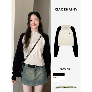 Xiaozhainv Áo croptop Dệt Kim Tay Dài Màu Sắc Tương Phản Thời Trang Mùa Thu Hàn Quốc Cho Nữ